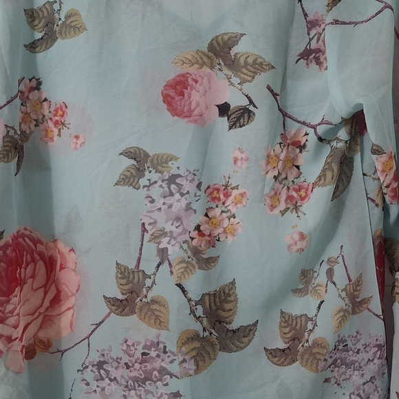 Chic Floral Ruffle Blouse - Aqua and Coral - Picture 2 of 7